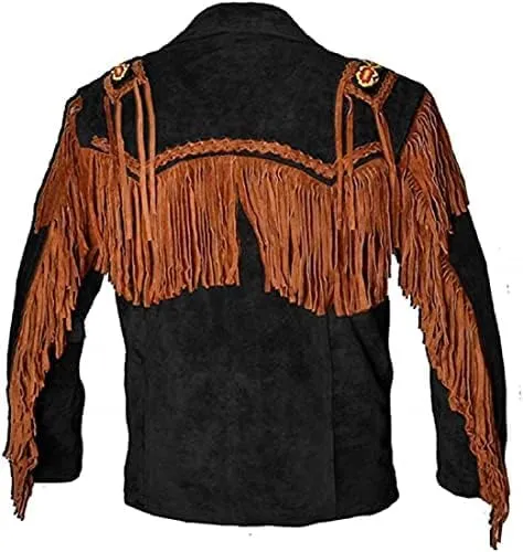 Western Cowboy Beaded Fringes Suede Leather Jacket - Native American and Bikers Style Classic Fashion Coat