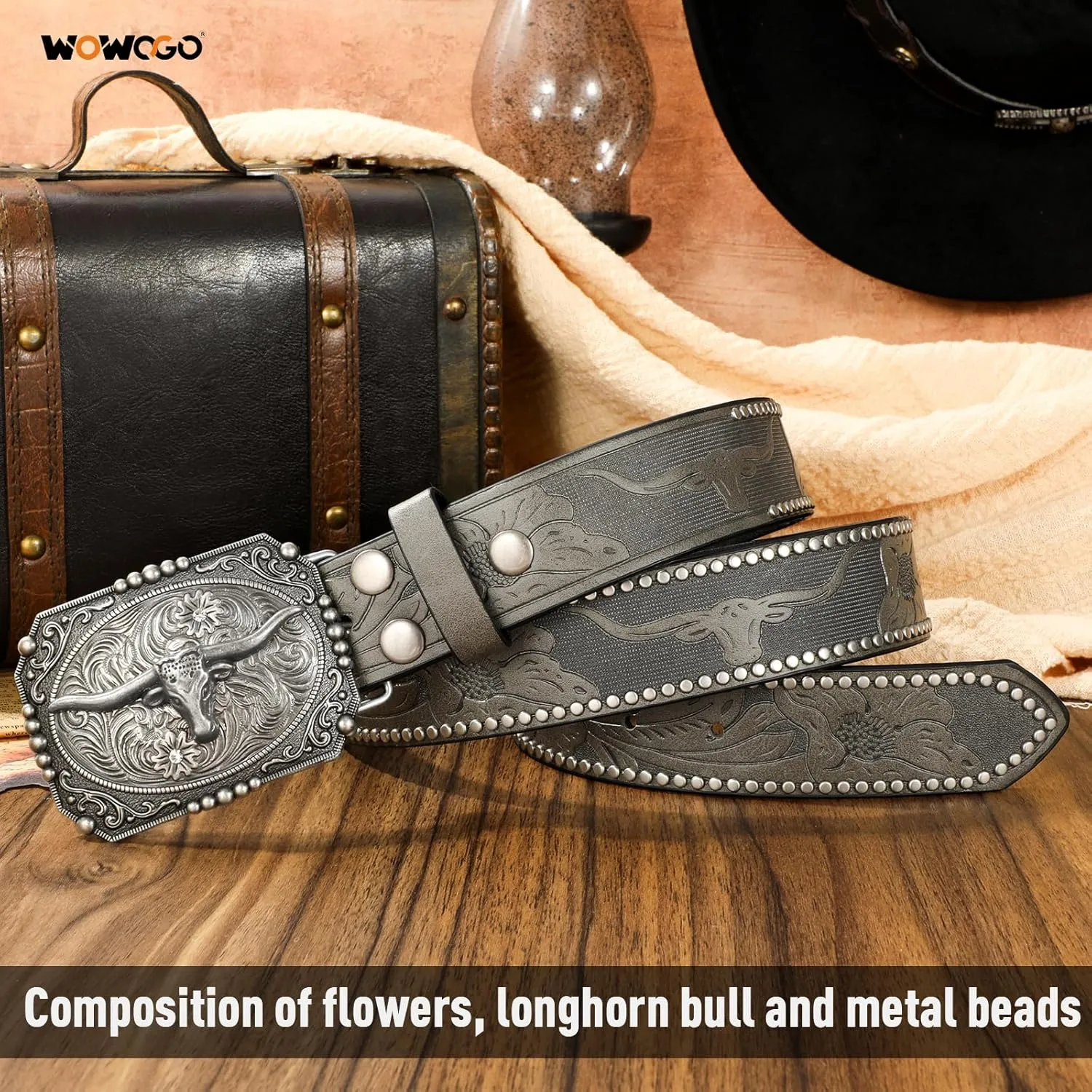 Western Cowboy Cowgirl Belt for Men Women LongHorn Bull Buckle Embossed Leather Belt Rodeo Country Belt