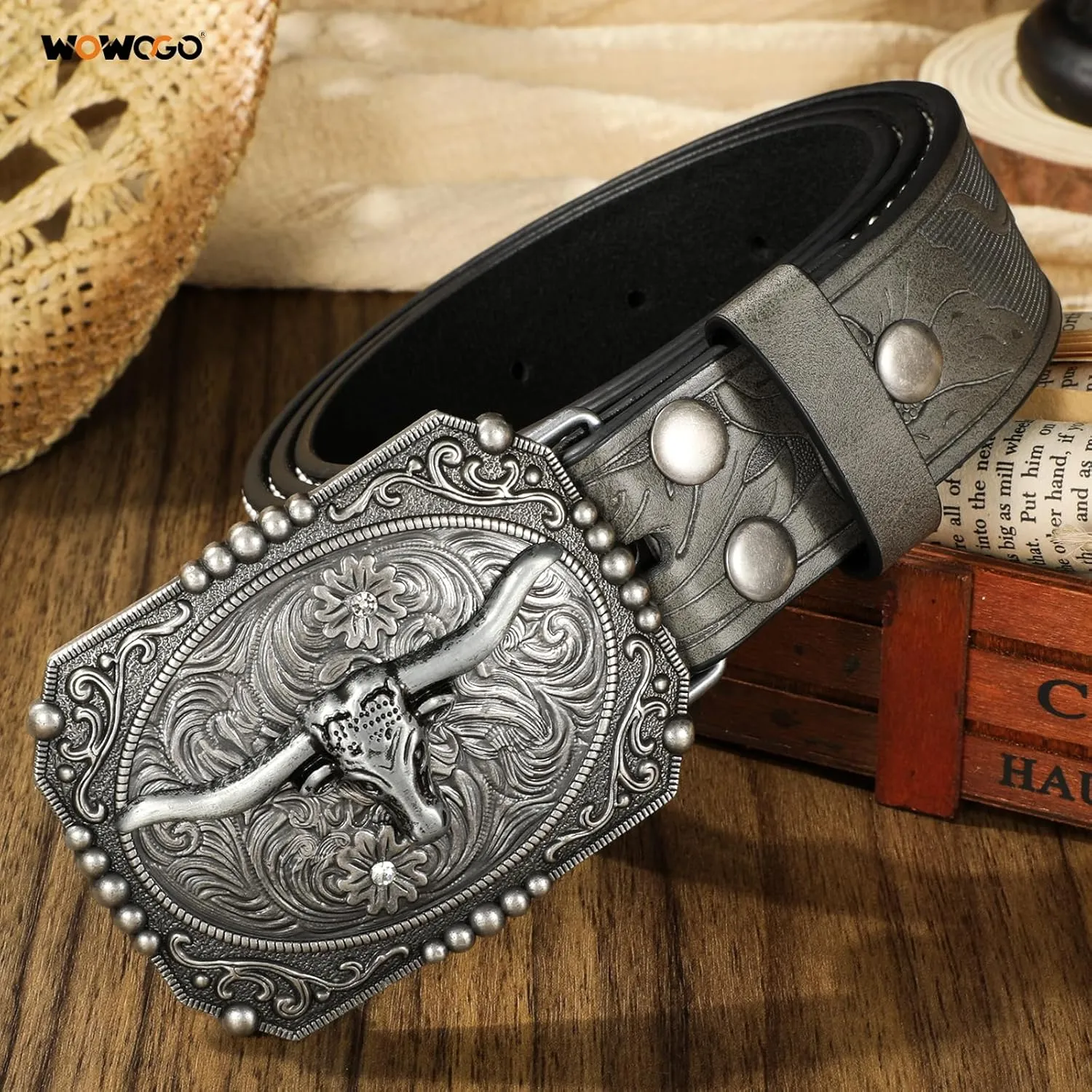 Western Cowboy Cowgirl Belt for Men Women LongHorn Bull Buckle Embossed Leather Belt Rodeo Country Belt