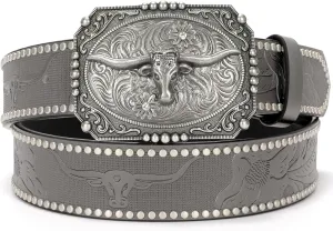 Western Cowboy Cowgirl Belt for Men Women LongHorn Bull Buckle Embossed Leather Belt Rodeo Country Belt