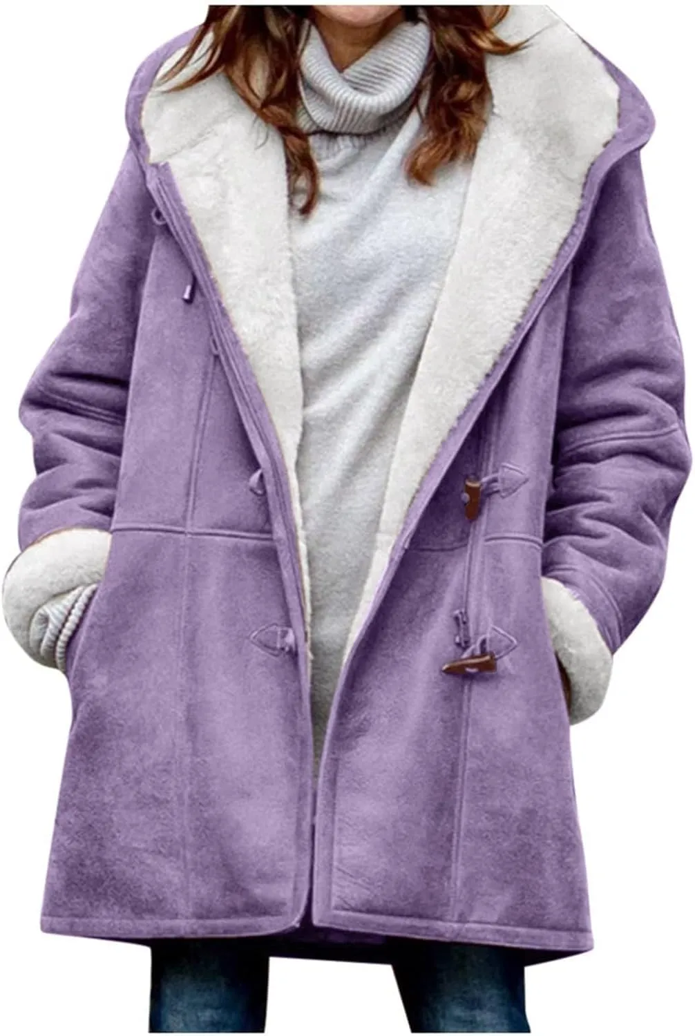 Winter Coats for Women 2024 Trendy Warm Plus Size Sherpa Fleece Lined Jackets Faux Suede Hooded Parka Coat Peacoat