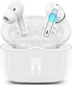 Wireless Earbud, Bluetooth 5.3 Headphones Deep Bass with 4 HD Mics, Wireless Headphones in Ear 40H Playtime, Bluetooth Earphones with Light Weight, IP7 Waterproof Ear Buds for Android IOS, Snow White