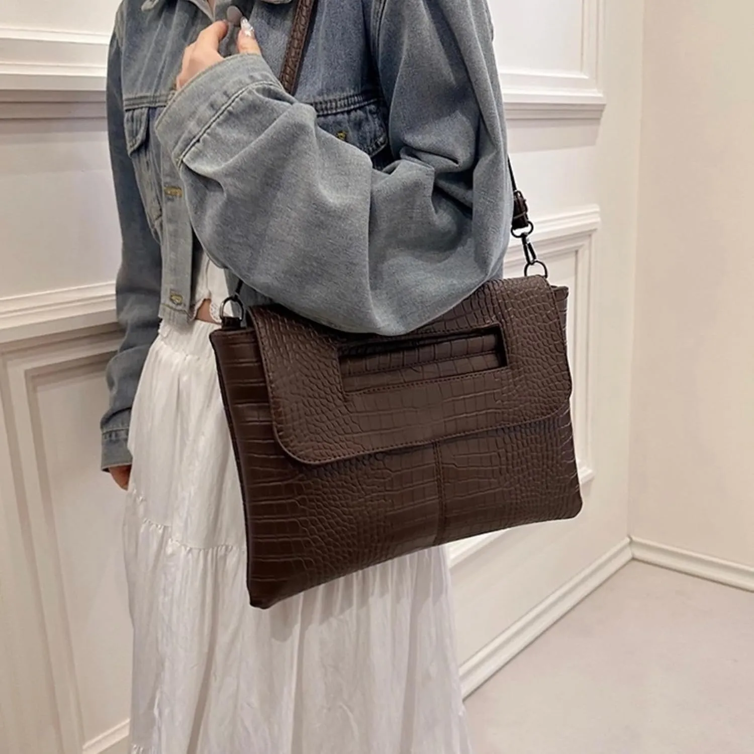 Women Classic Crocodile Pattern Faux Leather Clutch Purse Oversized Female Shoulder Bag Messenger Handbag