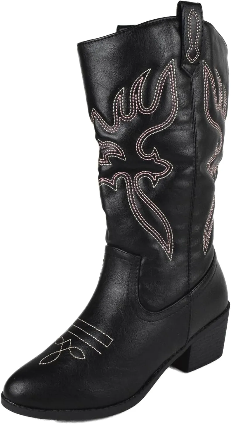 Women Cowgirl Cowboy Stitched Mid Calf Forever Boots Pointy Toe Western