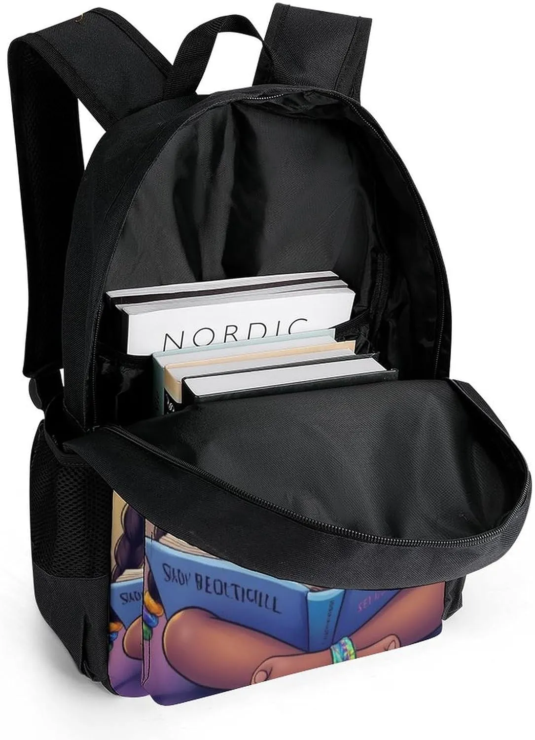 Women Men Polyester African American Cute Black Woman Book Art Casual Daypack Large Capacity Bookbag With Side Pockets for Sports Picnic Walking Cycling