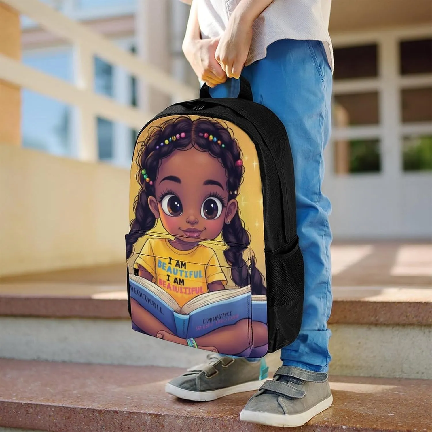 Women Men Polyester African American Cute Black Woman Book Art Casual Daypack Large Capacity Bookbag With Side Pockets for Sports Picnic Walking Cycling