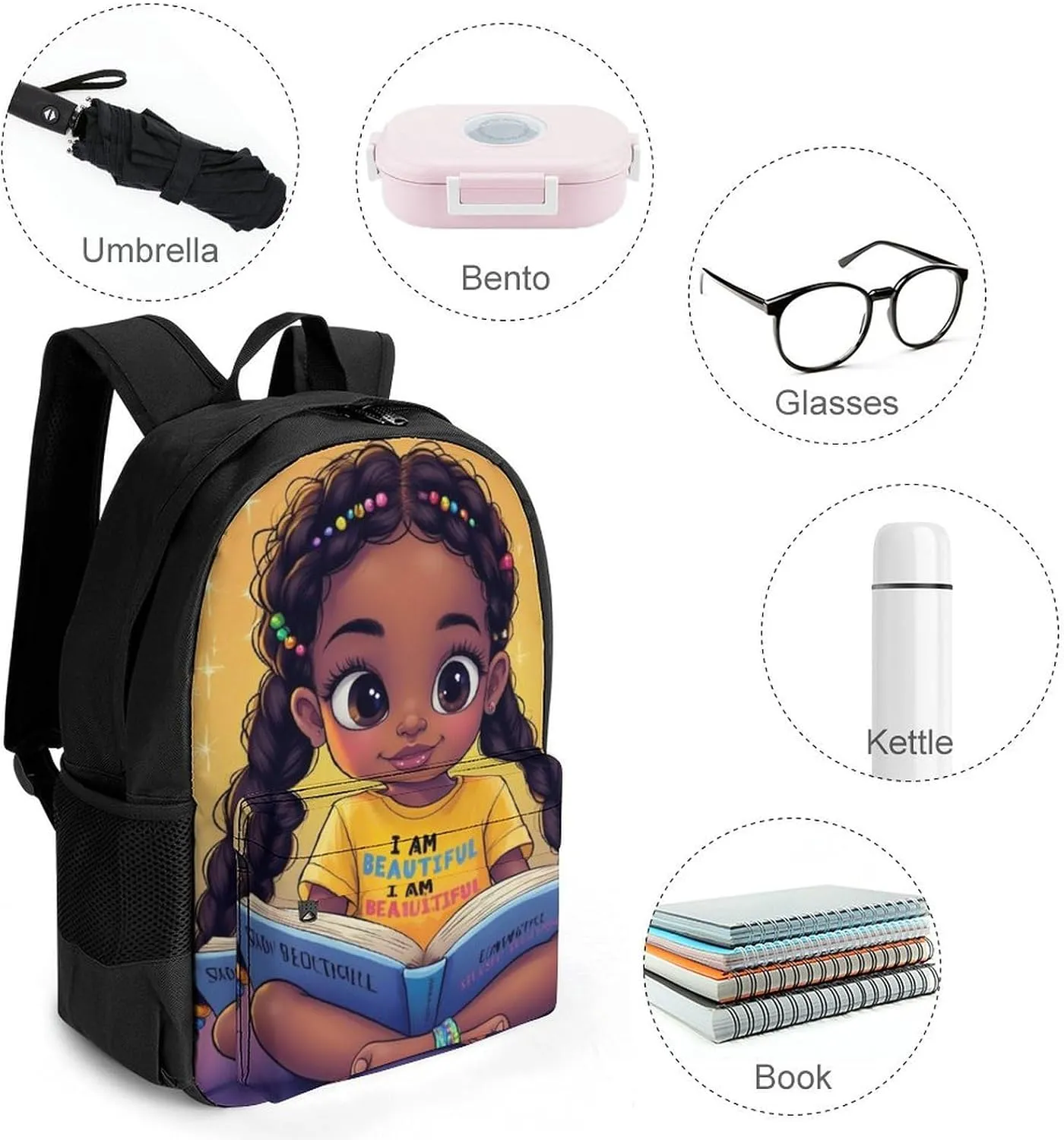 Women Men Polyester African American Cute Black Woman Book Art Casual Daypack Large Capacity Bookbag With Side Pockets for Sports Picnic Walking Cycling