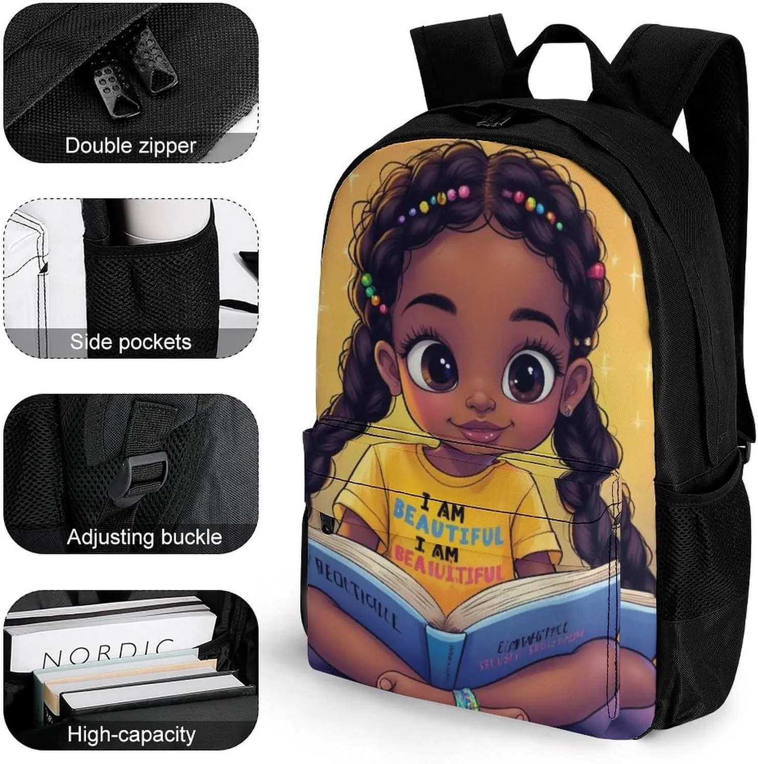 Women Men Polyester African American Cute Black Woman Book Art Casual Daypack Large Capacity Bookbag With Side Pockets for Sports Picnic Walking Cycling