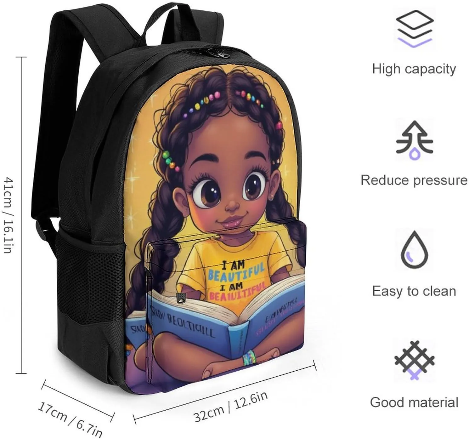 Women Men Polyester African American Cute Black Woman Book Art Casual Daypack Large Capacity Bookbag With Side Pockets for Sports Picnic Walking Cycling