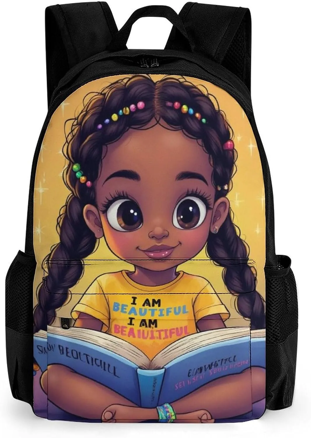 Women Men Polyester African American Cute Black Woman Book Art Casual Daypack Large Capacity Bookbag With Side Pockets for Sports Picnic Walking Cycling