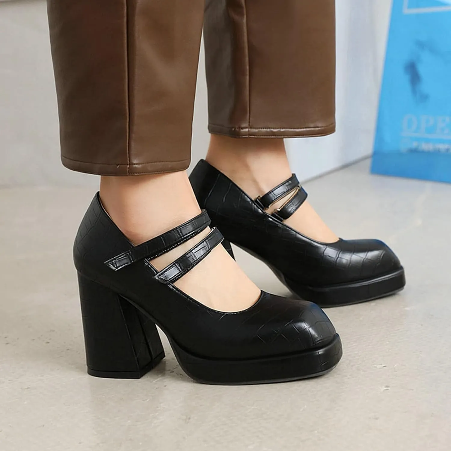 Women Platform Mary Jane Chunky High Heel Pumps Retro Double Ankle Strap Cosplay Uniform Dress Shoes