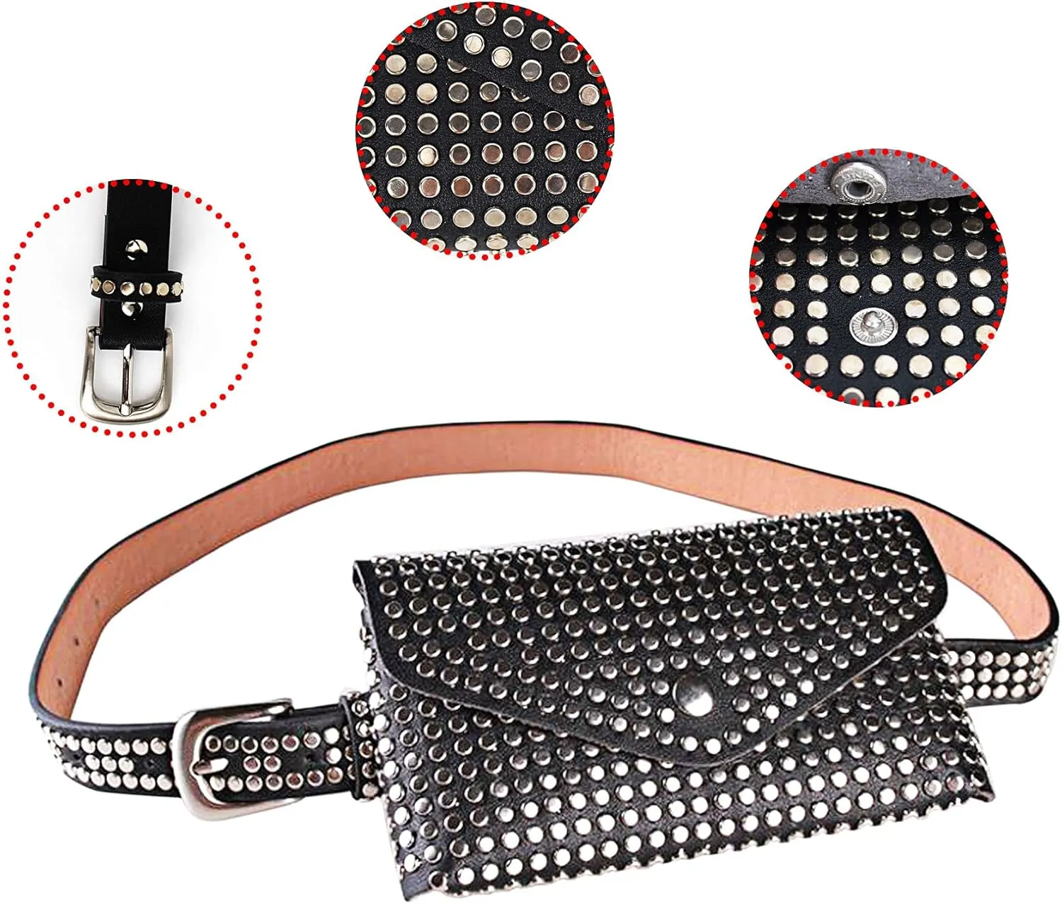 Women Punk Rivet PU Leather Fanny Pack Waist Bag Envelope Flap Clutch Cell Phone Purse