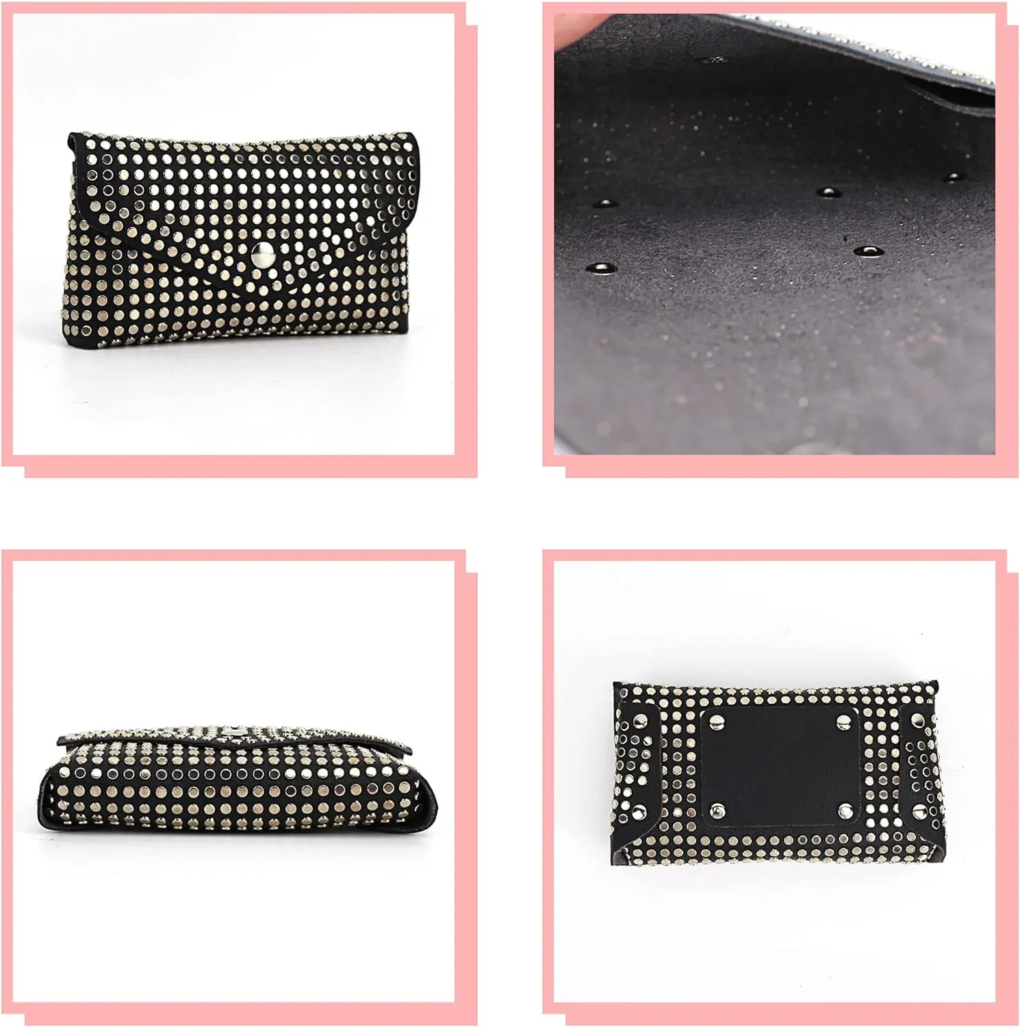 Women Punk Rivet PU Leather Fanny Pack Waist Bag Envelope Flap Clutch Cell Phone Purse