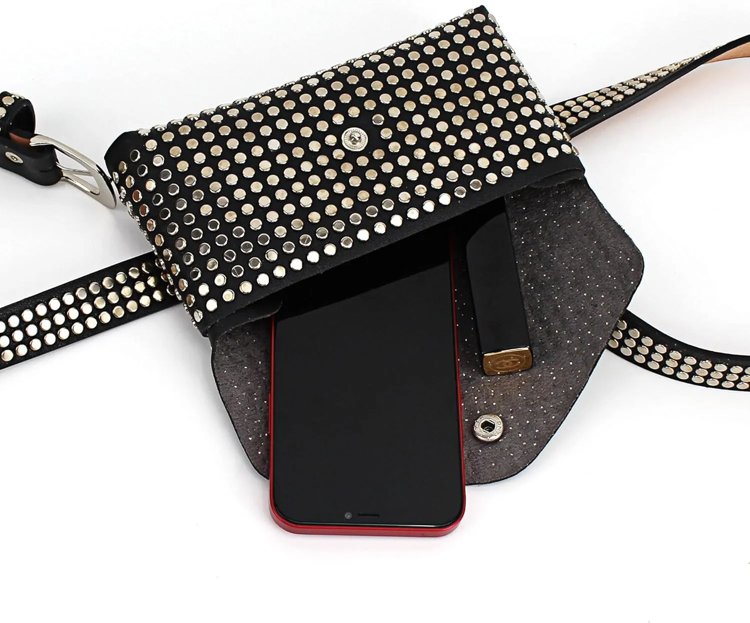 Women Punk Rivet PU Leather Fanny Pack Waist Bag Envelope Flap Clutch Cell Phone Purse