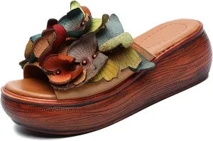 Women Summer Butterfly Platform Sandals Arch Support Genuine Leather Peep Toe Slip-on Boho Wedges Beach Slippers