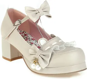 Women's Bow Ankle Strap Mary Jane Pumps Round Toe Platform Mid Chunky Heel Cute Lolita Cosplay Shoes