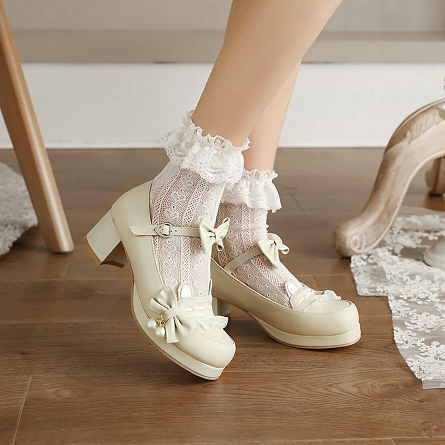 Women's Bow Ankle Strap Mary Jane Pumps Round Toe Platform Mid Chunky Heel Cute Lolita Cosplay Shoes