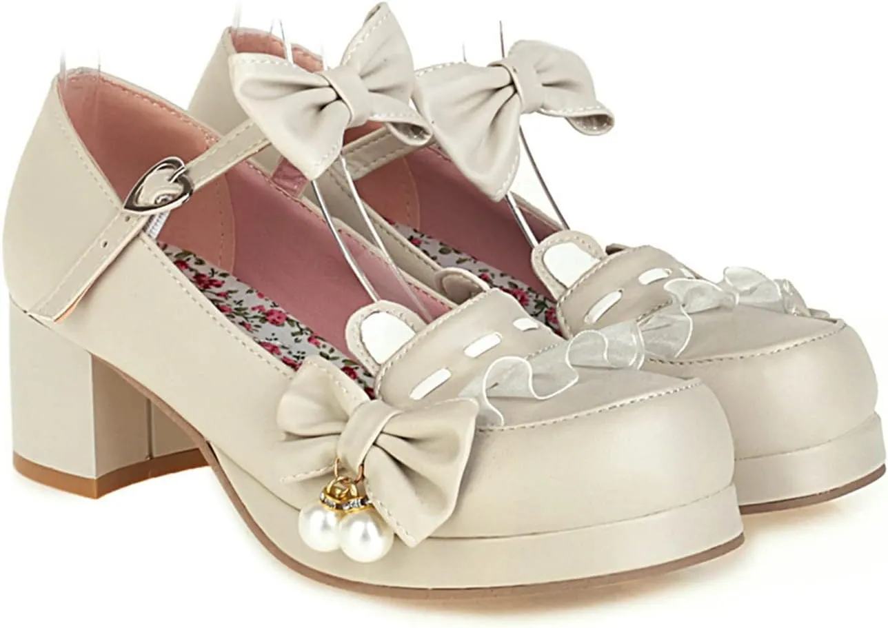 Women's Bow Ankle Strap Mary Jane Pumps Round Toe Platform Mid Chunky Heel Cute Lolita Cosplay Shoes