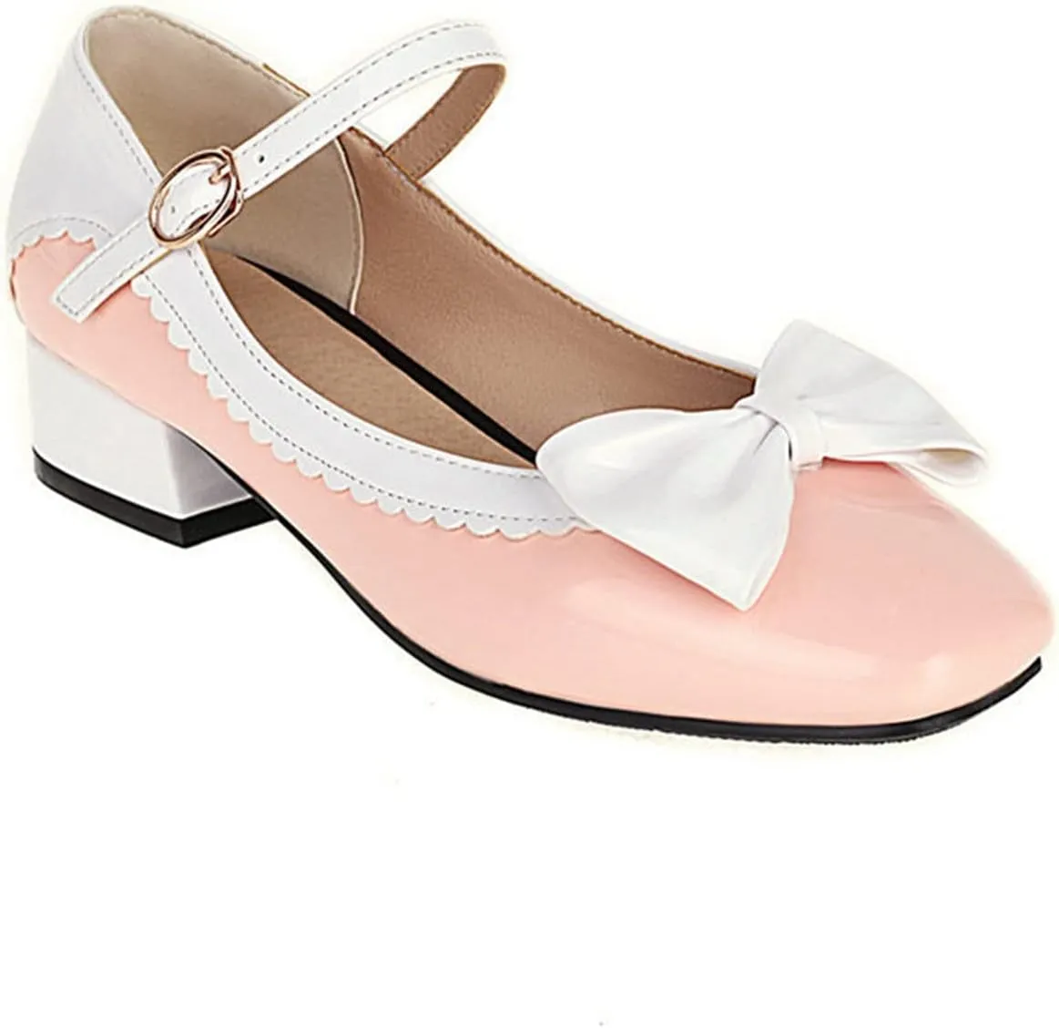 Women's Chunky Low Heel Dress Pumps Ankle Strap Comfortable Two Tone Cute Bow Mary Jane Lolita Shoes