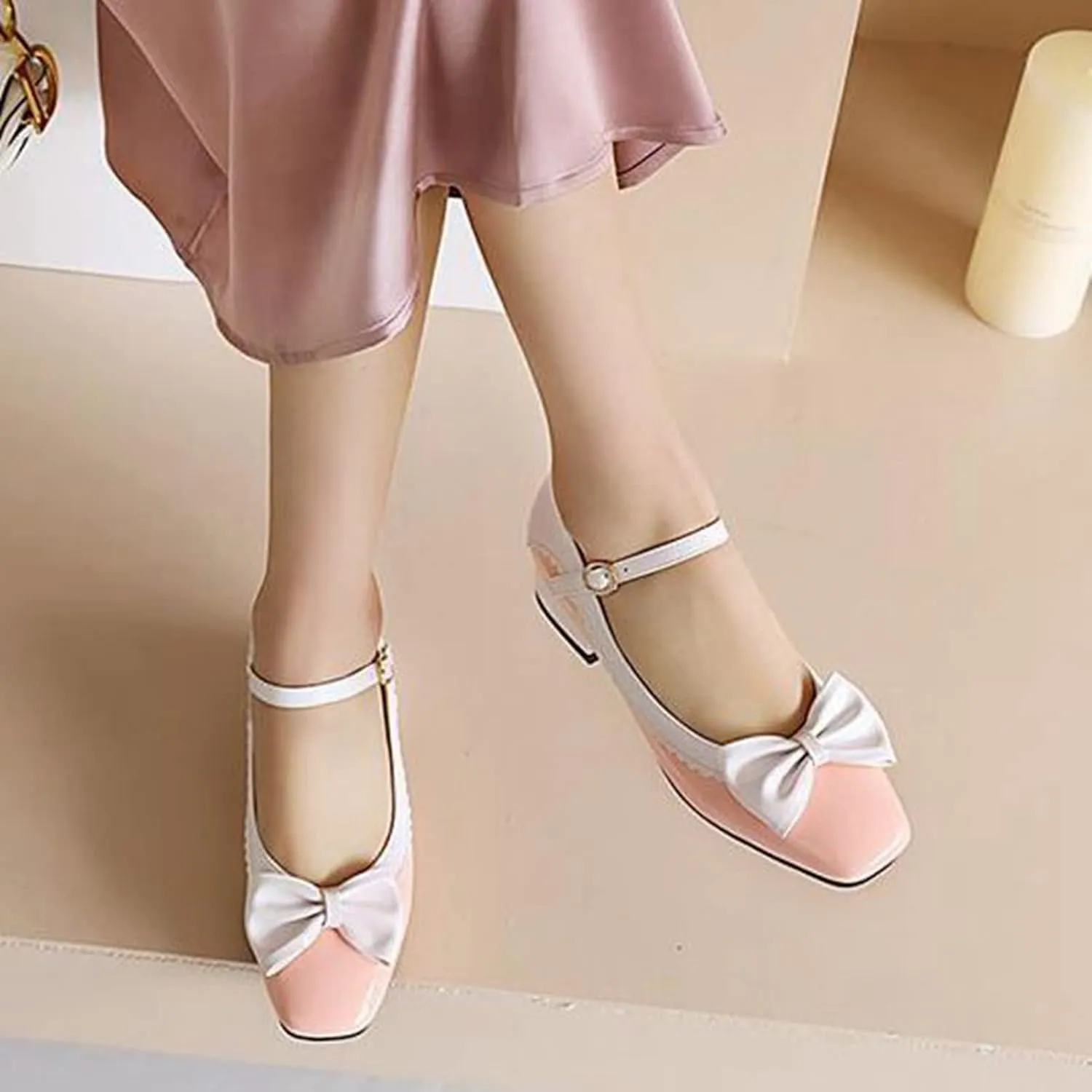 Women's Chunky Low Heel Dress Pumps Ankle Strap Comfortable Two Tone Cute Bow Mary Jane Lolita Shoes