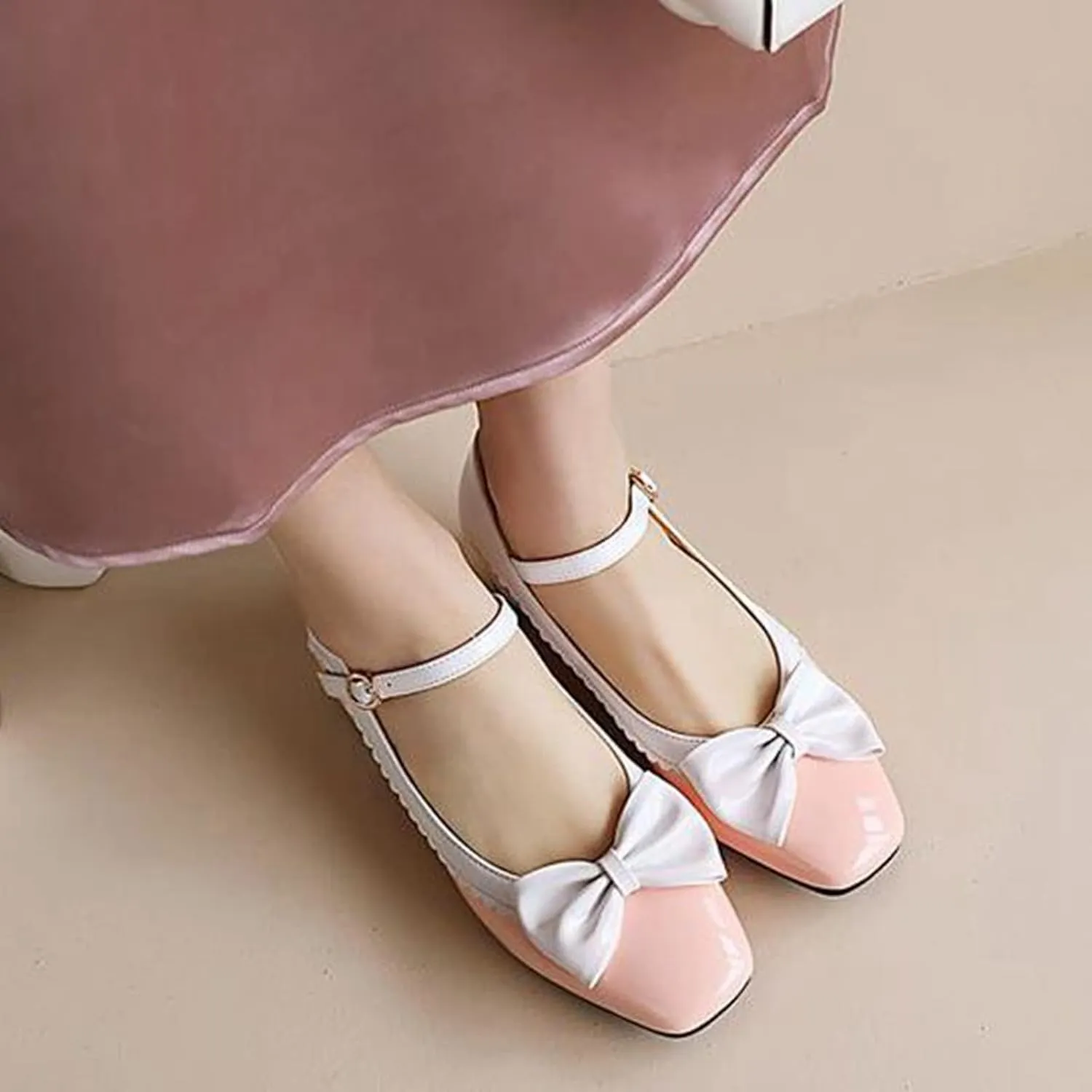 Women's Chunky Low Heel Dress Pumps Ankle Strap Comfortable Two Tone Cute Bow Mary Jane Lolita Shoes