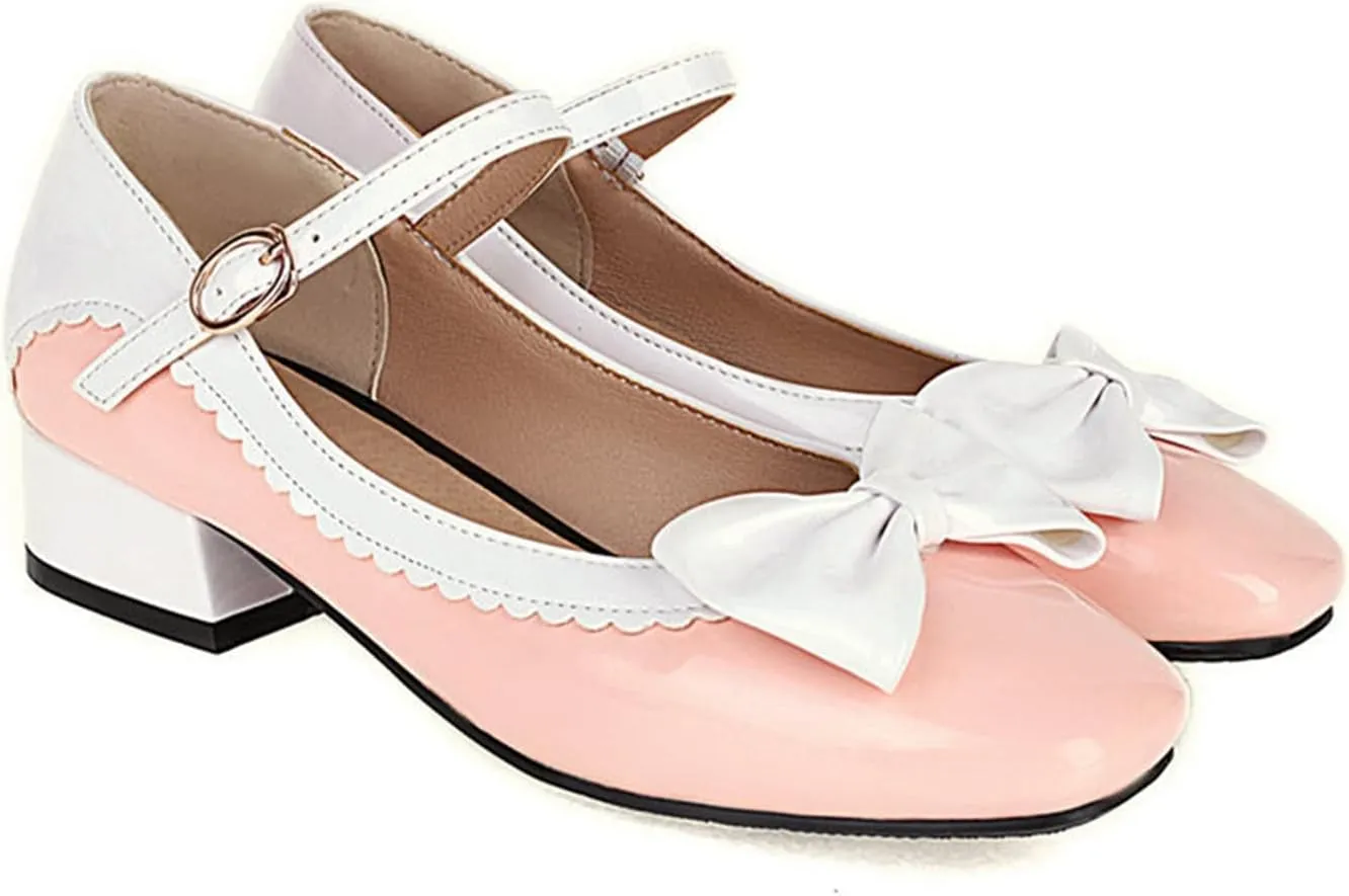 Women's Chunky Low Heel Dress Pumps Ankle Strap Comfortable Two Tone Cute Bow Mary Jane Lolita Shoes