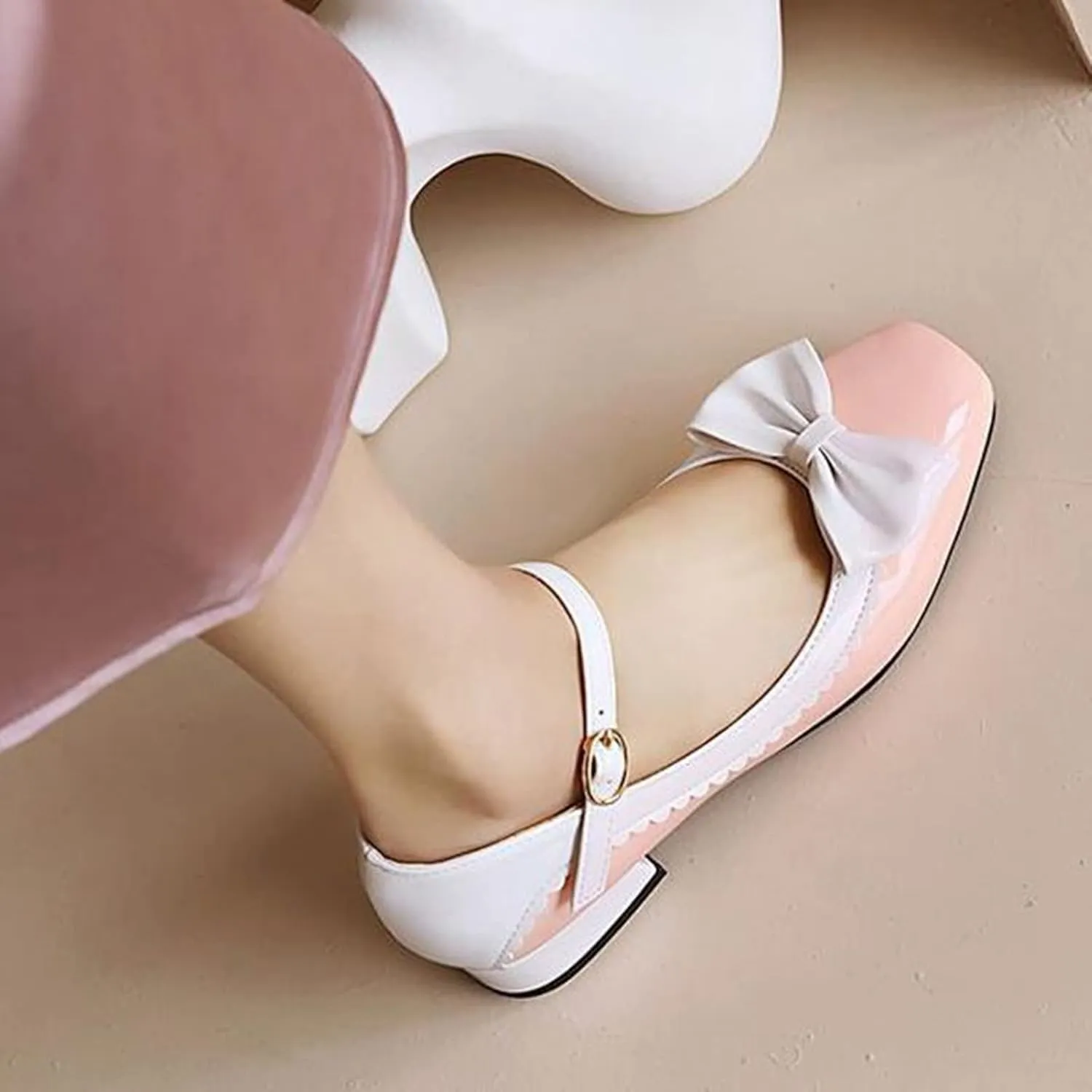 Women's Chunky Low Heel Dress Pumps Ankle Strap Comfortable Two Tone Cute Bow Mary Jane Lolita Shoes
