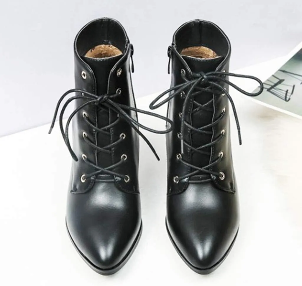 Women's Fashion Stiletto Kitten Heel Ankle Boots Pointy Toe Lace Up Zipper Booties Dress Short Boot