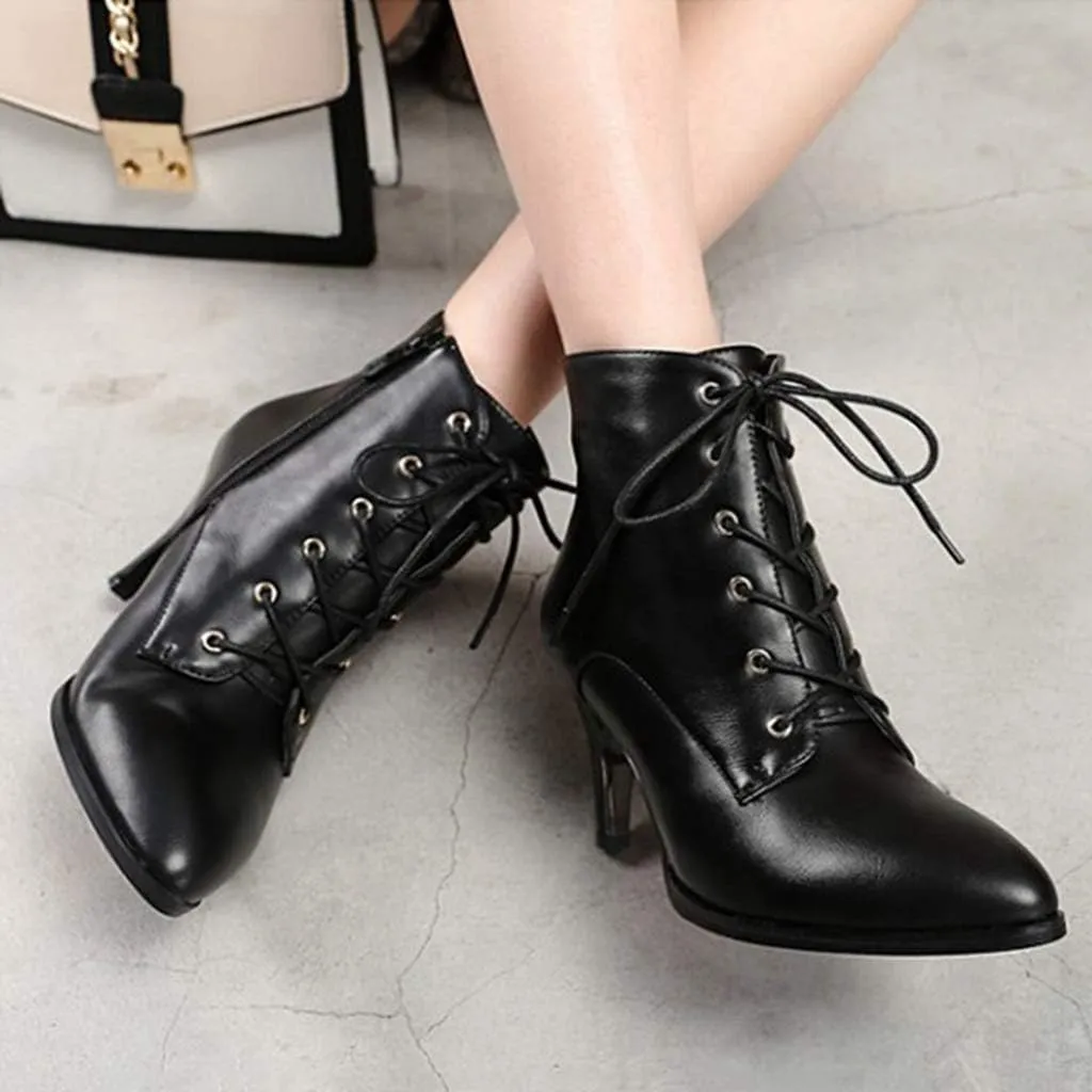 Women's Fashion Stiletto Kitten Heel Ankle Boots Pointy Toe Lace Up Zipper Booties Dress Short Boot