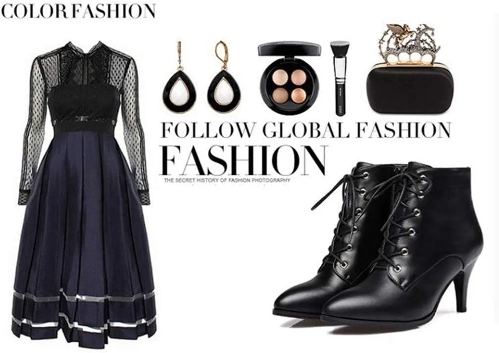 Women's Fashion Stiletto Kitten Heel Ankle Boots Pointy Toe Lace Up Zipper Booties Dress Short Boot