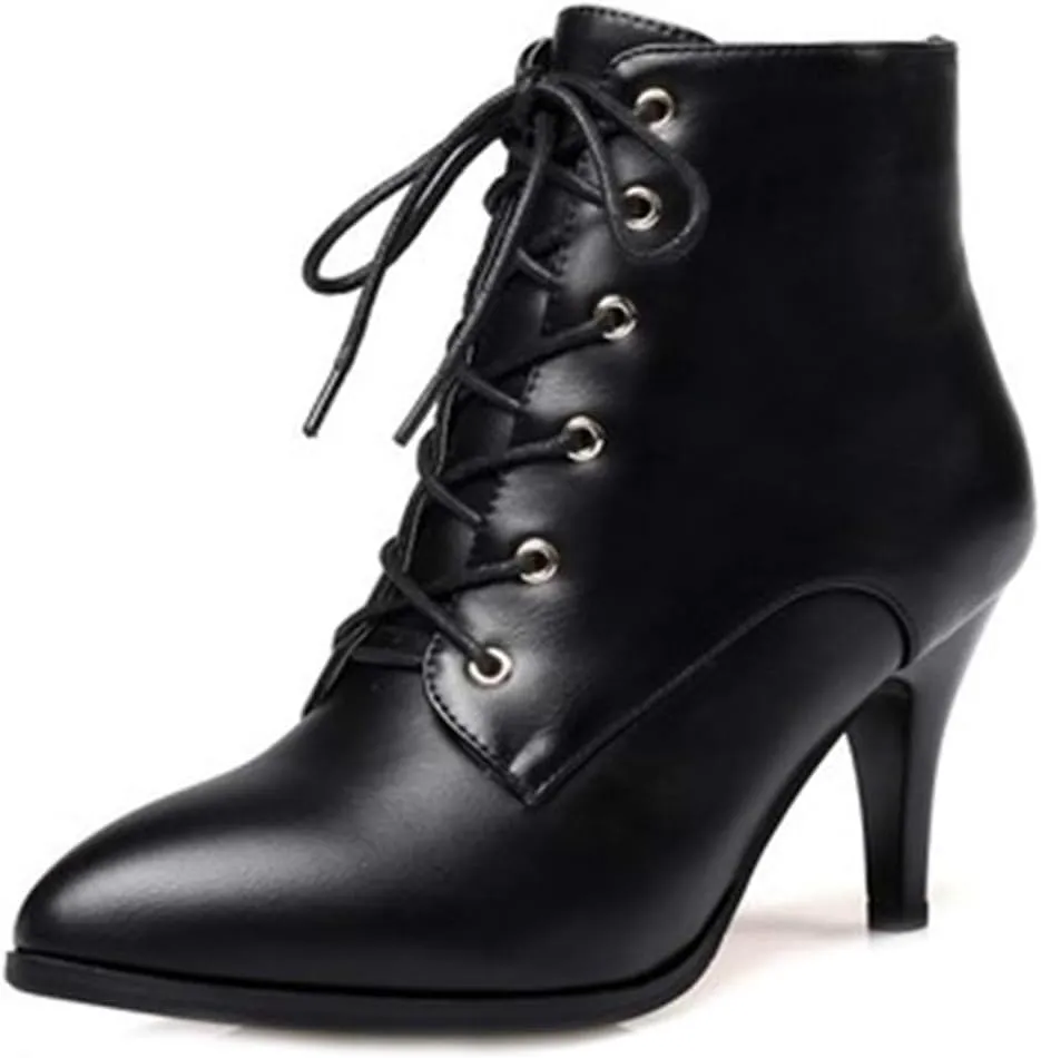 Women's Fashion Stiletto Kitten Heel Ankle Boots Pointy Toe Lace Up Zipper Booties Dress Short Boot