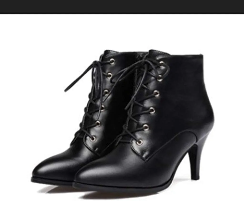 Women's Fashion Stiletto Kitten Heel Ankle Boots Pointy Toe Lace Up Zipper Booties Dress Short Boot