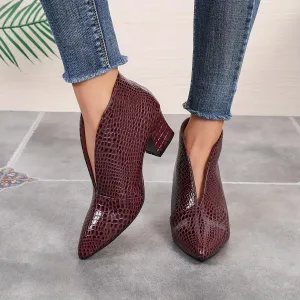 Women's Faux Crocodile Leather V Mouth Block Heels, Pointed Toe Boots