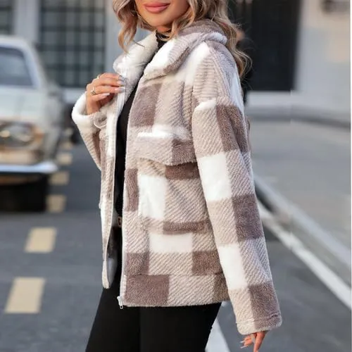 Womens Fleece Sherpa Jackets Fall Winter Full Zip Plaid Coat with Pocket