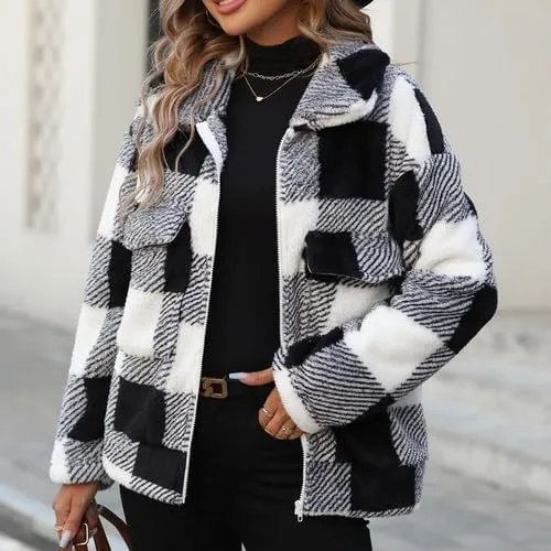 Womens Fleece Sherpa Jackets Fall Winter Full Zip Plaid Coat with Pocket