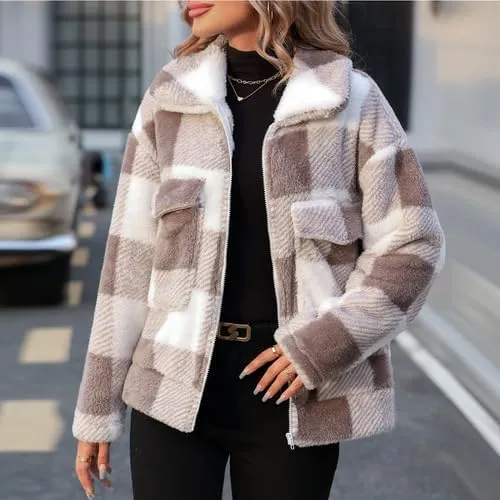 Womens Fleece Sherpa Jackets Fall Winter Full Zip Plaid Coat with Pocket