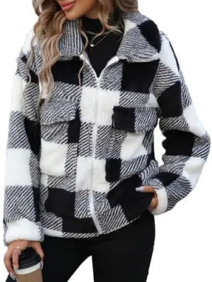 Womens Fleece Sherpa Jackets Fall Winter Full Zip Plaid Coat with Pocket