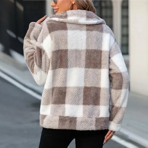 Womens Fleece Sherpa Jackets Fall Winter Full Zip Plaid Coat with Pocket