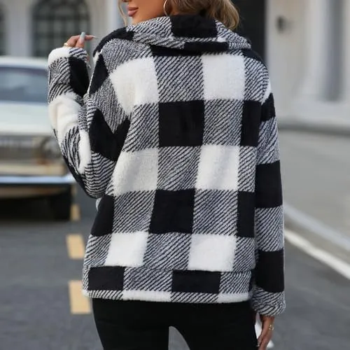 Womens Fleece Sherpa Jackets Fall Winter Full Zip Plaid Coat with Pocket