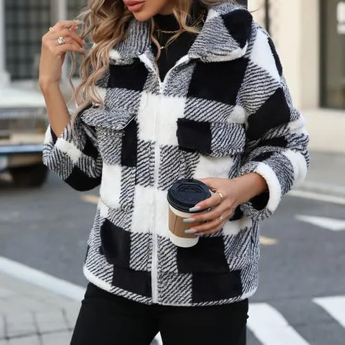 Womens Fleece Sherpa Jackets Fall Winter Full Zip Plaid Coat with Pocket