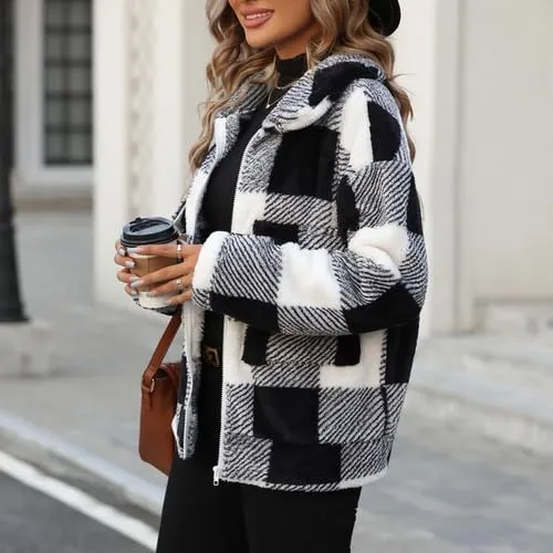 Womens Fleece Sherpa Jackets Fall Winter Full Zip Plaid Coat with Pocket
