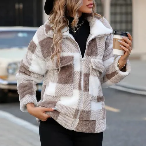 Womens Fleece Sherpa Jackets Fall Winter Full Zip Plaid Coat with Pocket