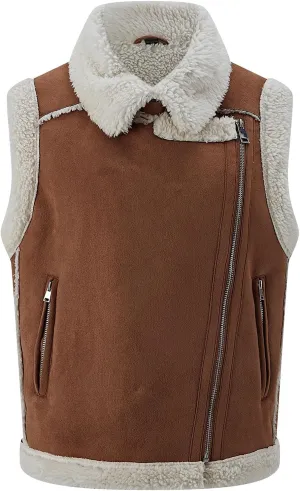 Women’s Fur Suede Vest Winter Leather Fur Lined Warm Sherpa Vest