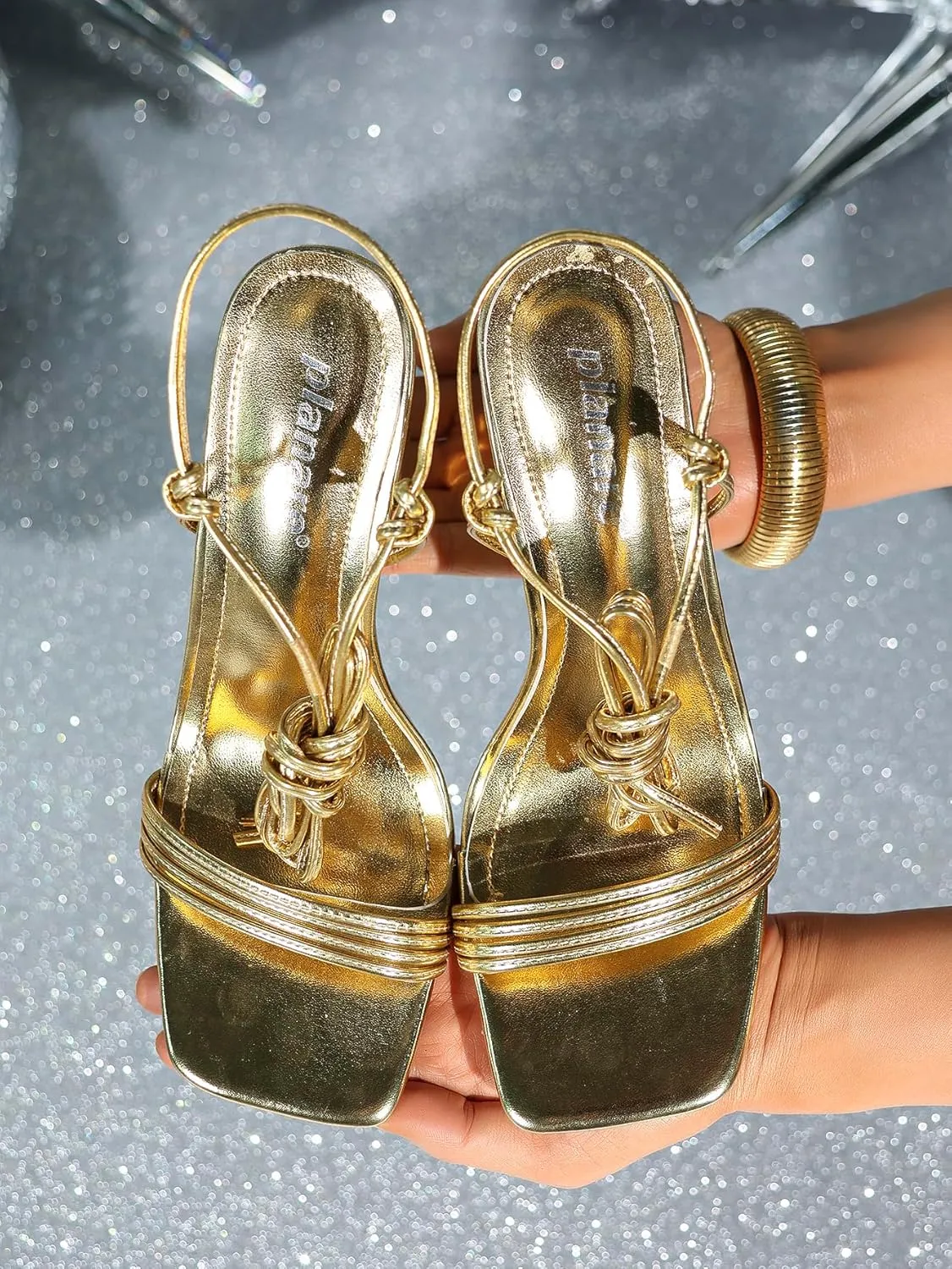 Women's Gold Metallic High Heel Sandals – Crisscross Strap Stilettos with Cube Heel Detail – Square-Toe Luxury Party Shoes (Sizes 6-10.5)