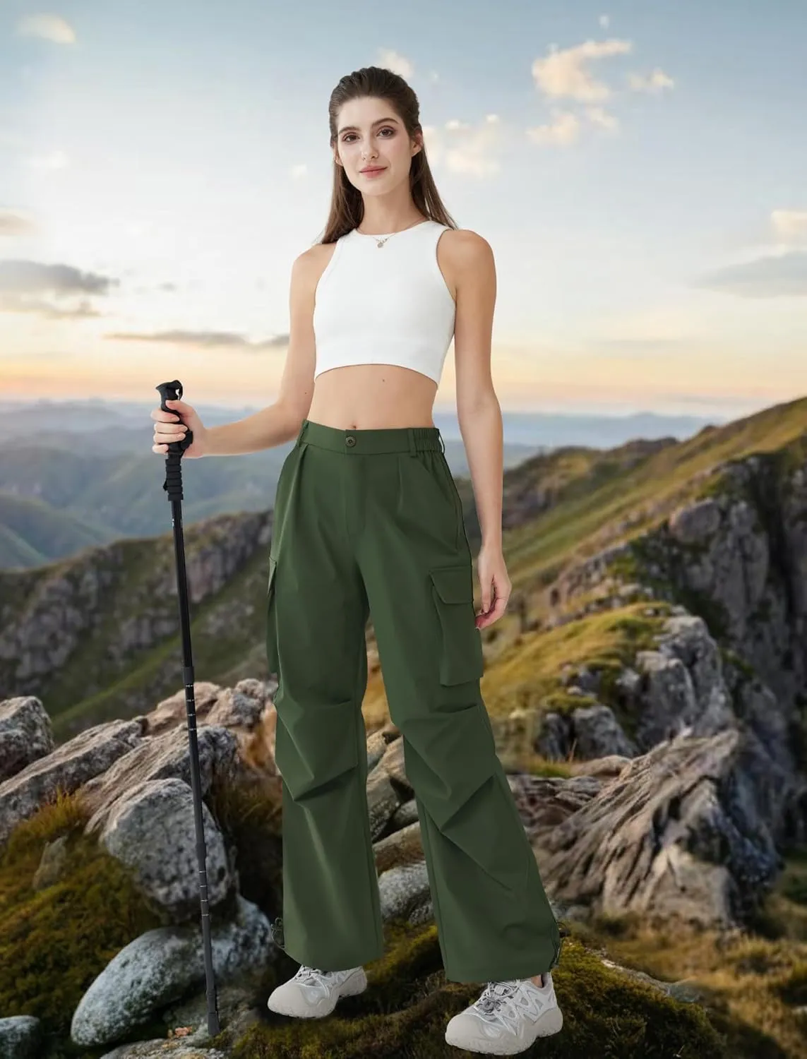 Women’s Hiking Pants Wide Leg Cargo Pants Quick Dry Lightweight Water-Resistant Travel Casual Trousers with 4 Pockets