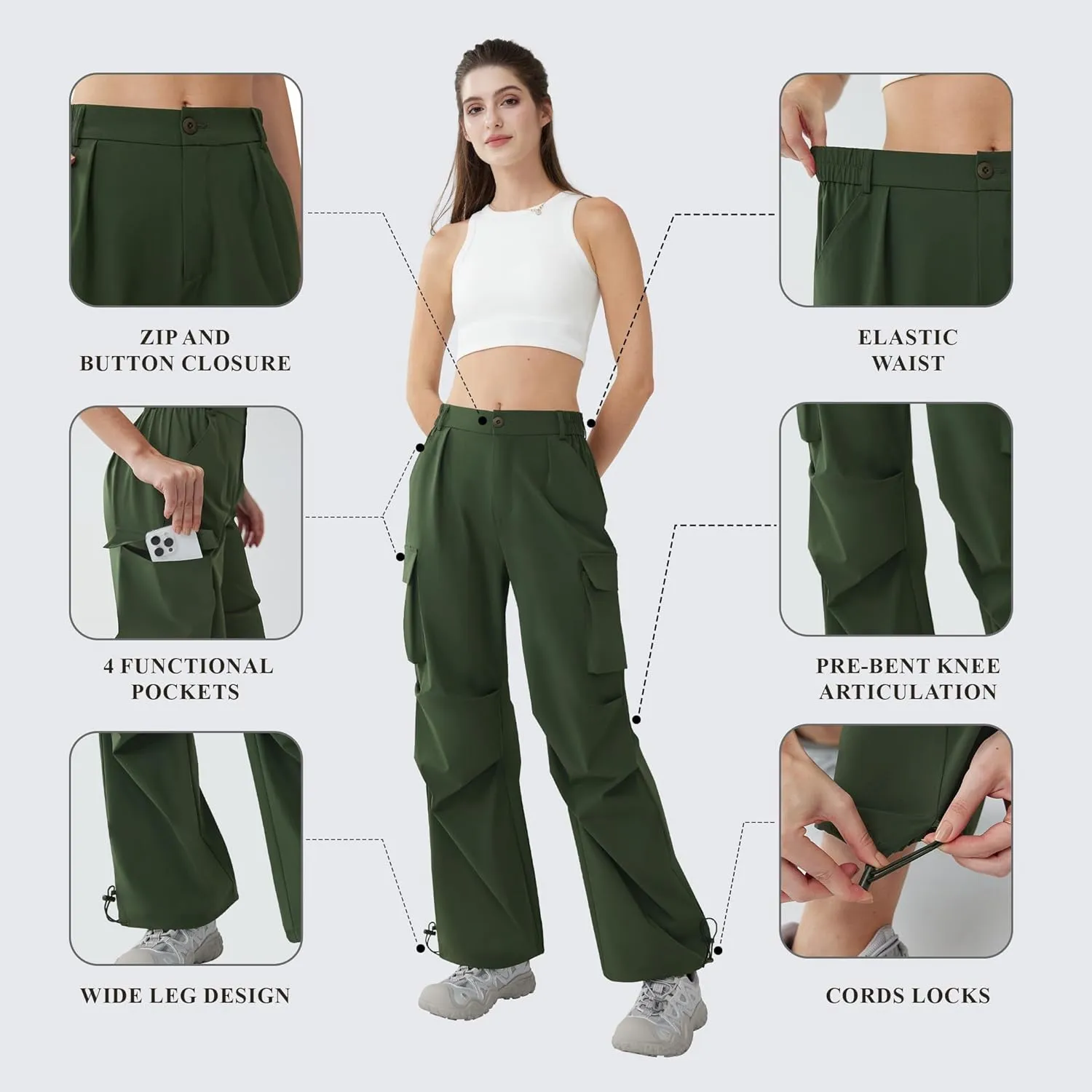 Women’s Hiking Pants Wide Leg Cargo Pants Quick Dry Lightweight Water-Resistant Travel Casual Trousers with 4 Pockets