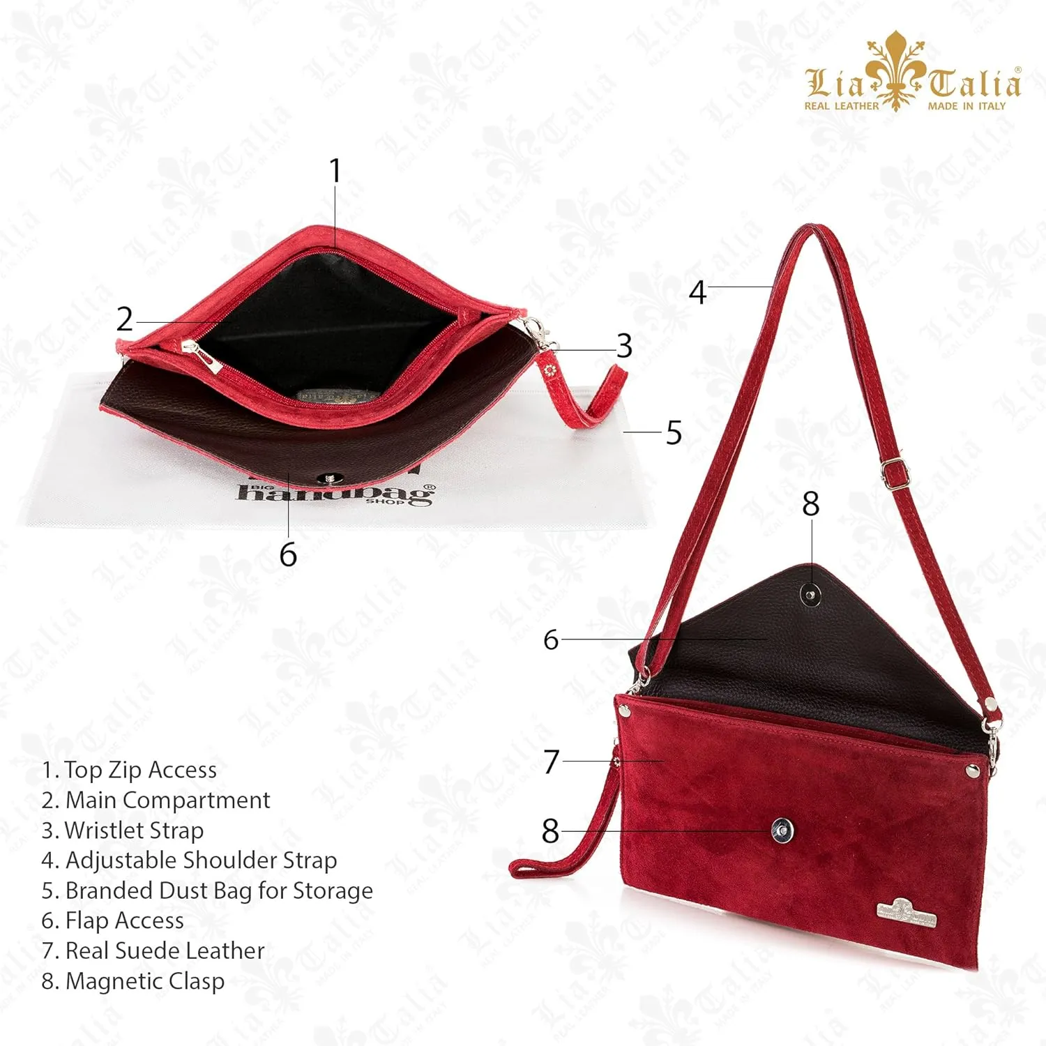 Women's Leather Wristlets Clutch Bag in Envelope Shape - 100% Italian Leather with Long Shoulder Strap