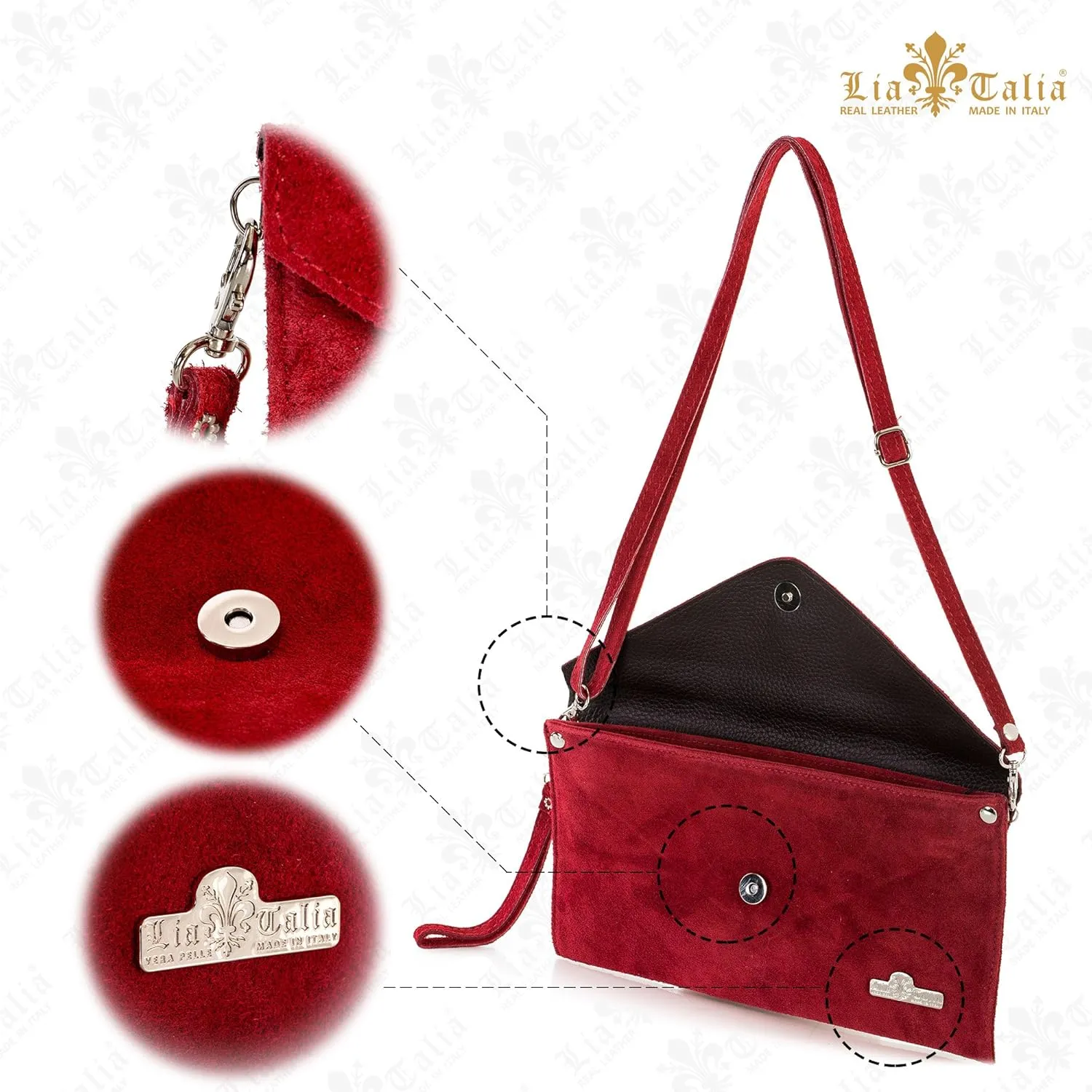 Women's Leather Wristlets Clutch Bag in Envelope Shape - 100% Italian Leather with Long Shoulder Strap