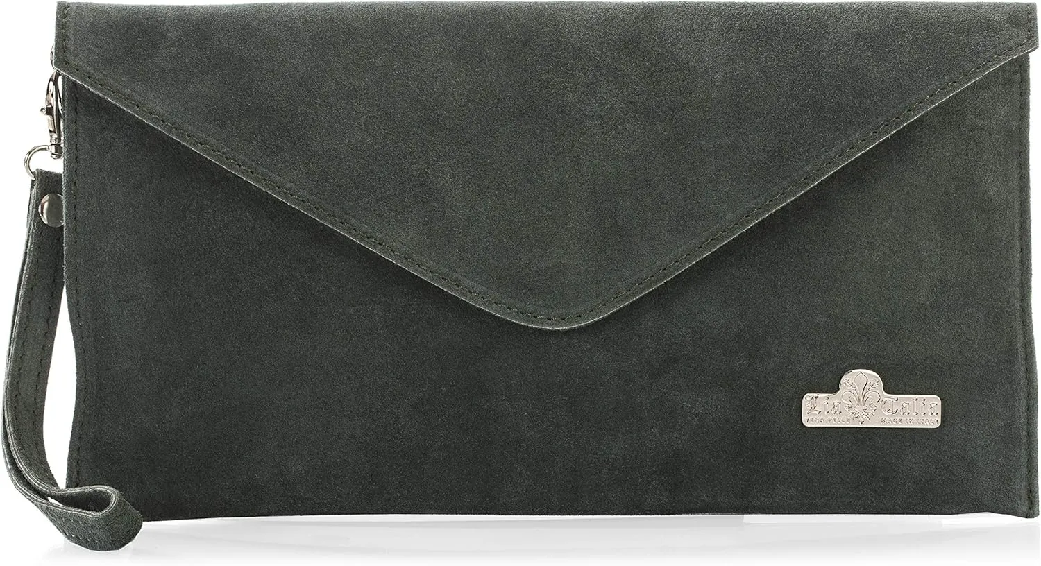 Women's Leather Wristlets Clutch Bag in Envelope Shape - 100% Italian Leather with Long Shoulder Strap
