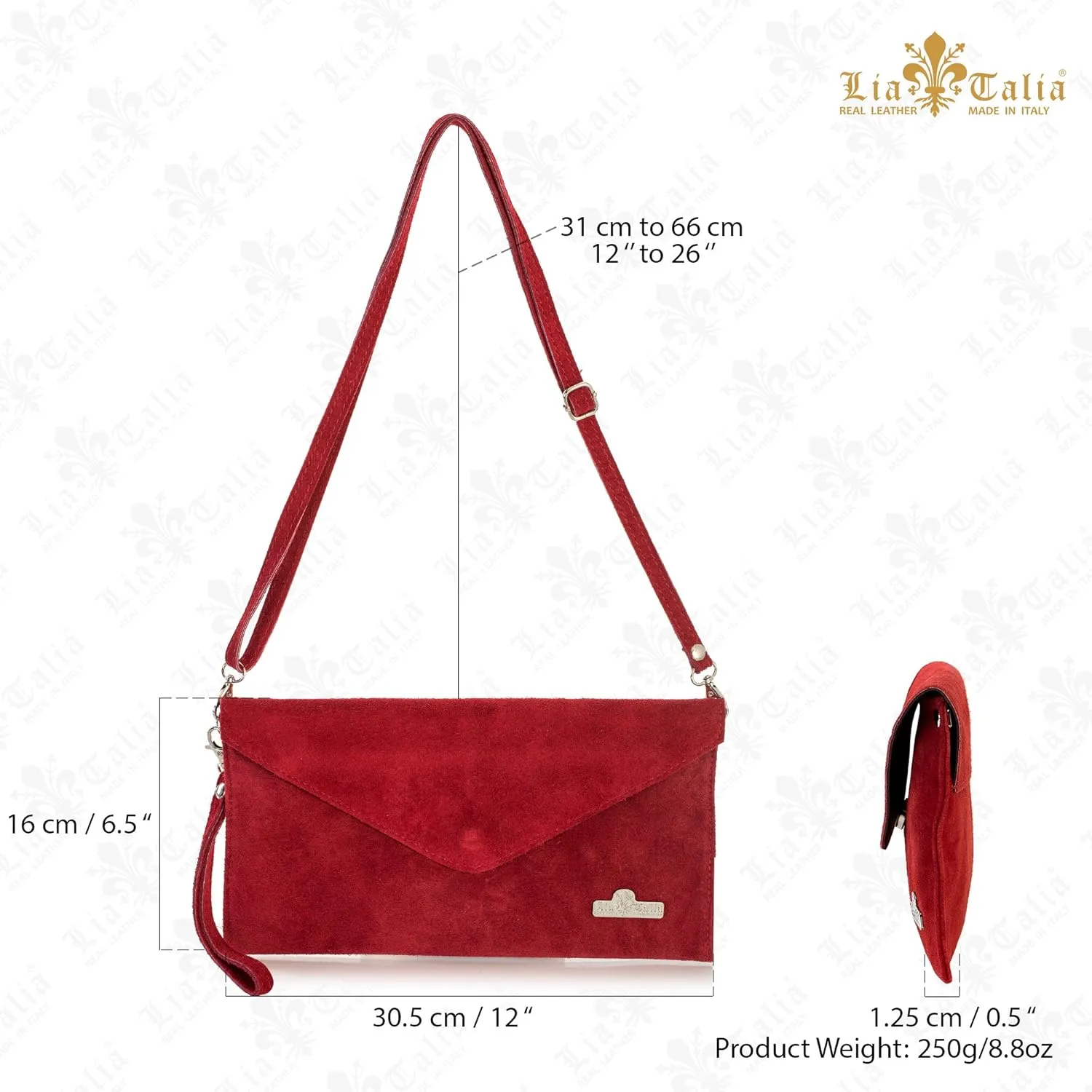 Women's Leather Wristlets Clutch Bag in Envelope Shape - 100% Italian Leather with Long Shoulder Strap